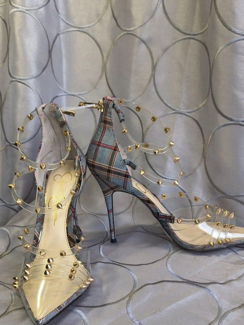 Jessica Simpson Plaid Pointed Toe Wavery pumps Clear Straps & Studs AB